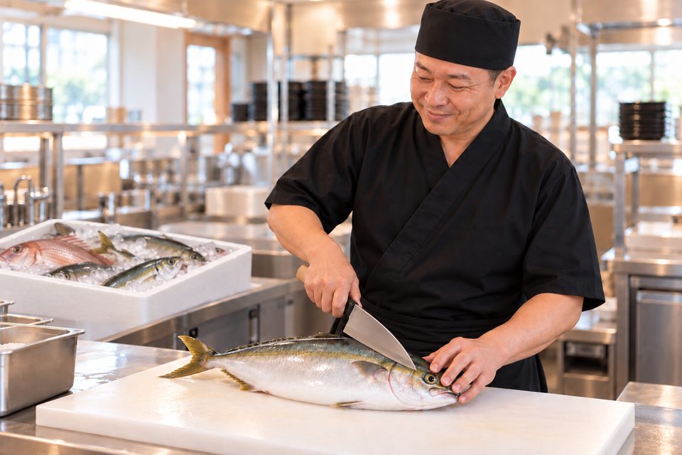 その日に仕入れた魚に、包丁を入れる店長