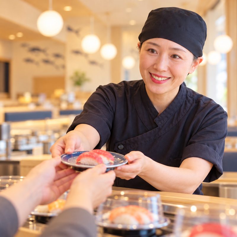 握ったお寿司を、お客様に手渡しする女性の社員