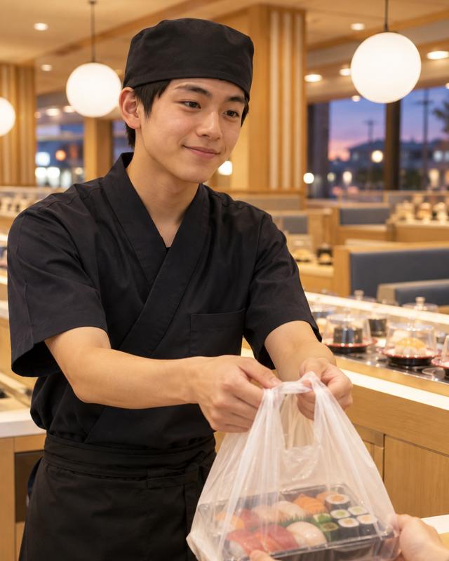 持ち帰りのお寿司を手渡すスタッフ