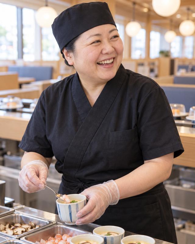 茶碗蒸しの仕込みをするスタッフ