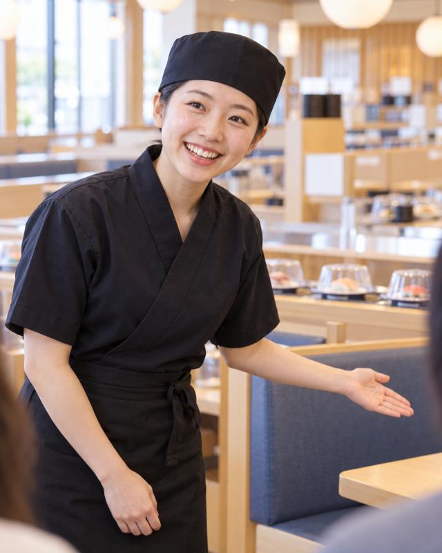 お客様を席へご案内するスタッフ