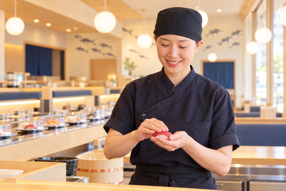 カウンターで寿司を握る女性の社員